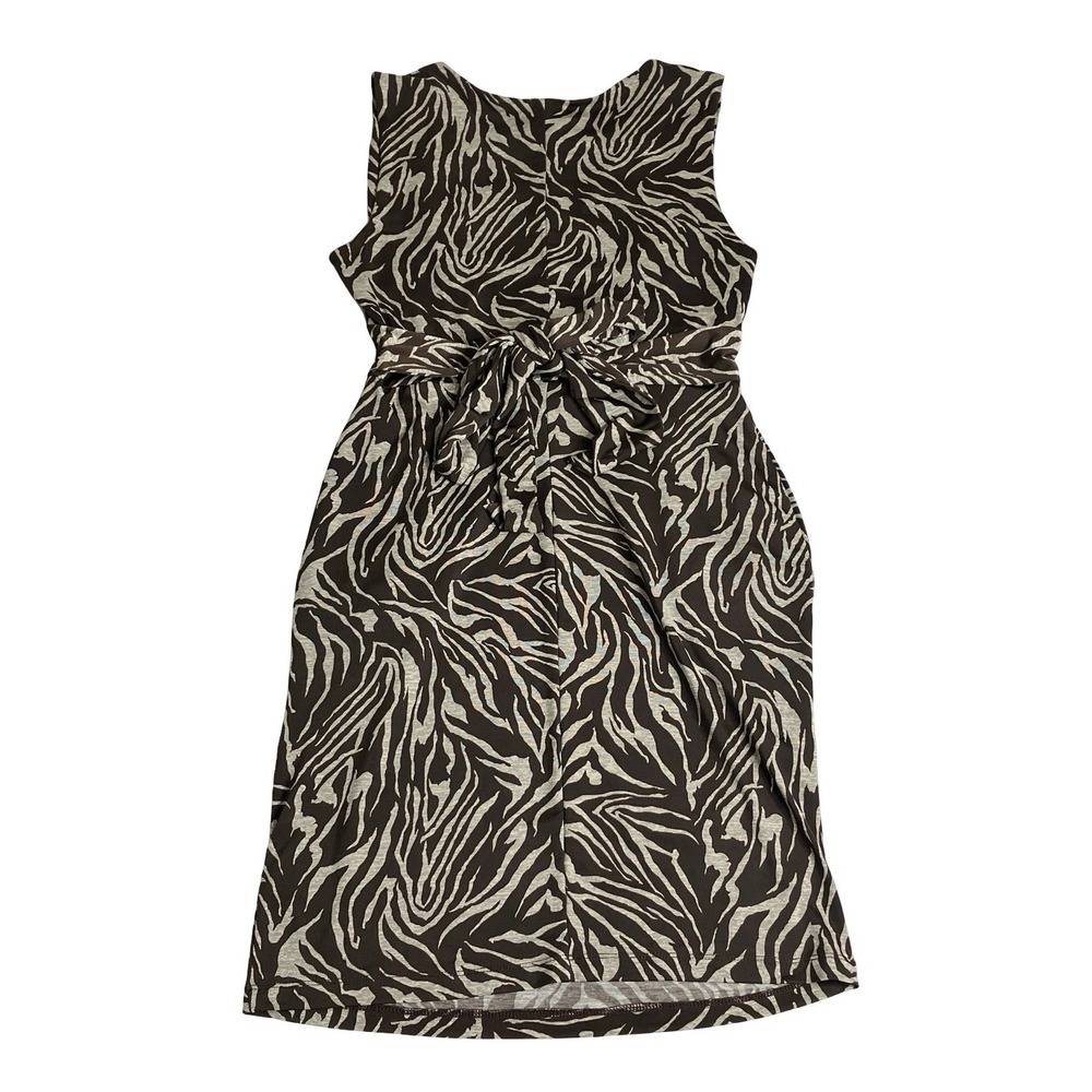 Y2K IZ Byer Zebra Dress Medium Brown Ruched Babydoll Empire Tie Waist Sleeveless - Picture 3 of 14